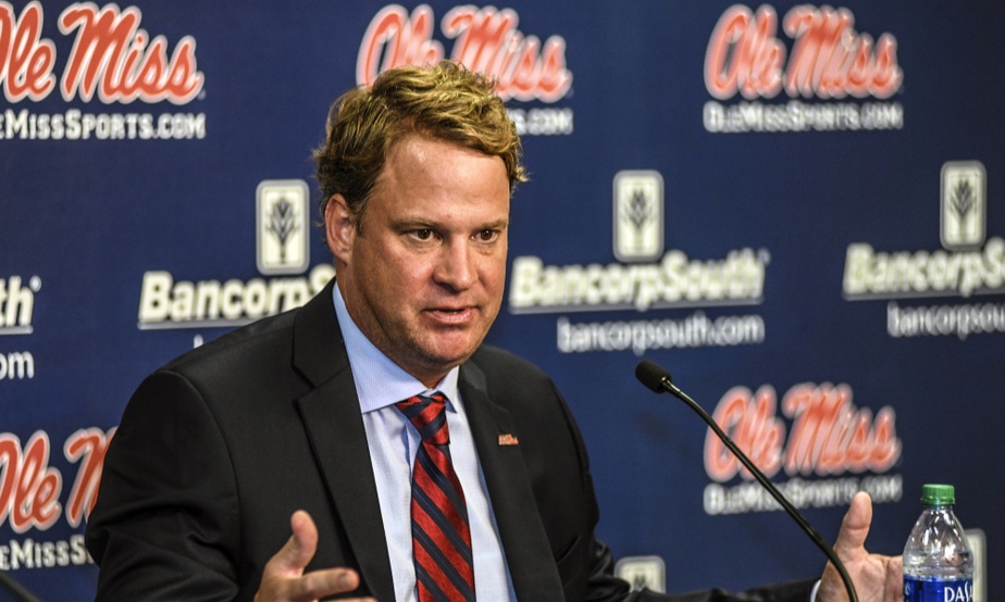 Lane Kiffin is introduced as the new NCAA college head football coach at the University of Mississippi at a press conference at the Pavilion at Ole Miss, in Oxford, Miss., Monday, Dec. 9, 2019. (Bruce Newman, Oxford Eagle via AP)/ ORG XMIT: MSOXF102