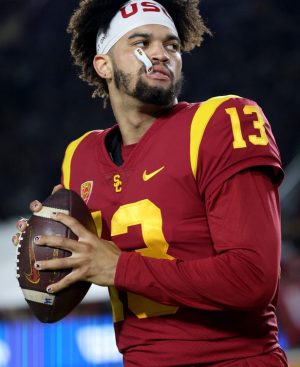 Nov 5, 2022; Los Angeles, California, USA;  USC Trojans quarterback Caleb Williams (13) throws on the sideline during the second quarter against the California Golden Bears at United Airlines Field at Los Angeles Memorial Coliseum. Mandatory Credit: Kiyoshi Mio-USA TODAY Sports