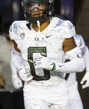 Oct 8, 2022; Tucson, Arizona, USA; Oregon Ducks defensive back Christian Gonzalez (0) against the Arizona Wildcats at Arizona Stadium. Mandatory Credit: Mark J. Rebilas-USA TODAY Sports